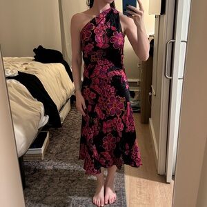 Josie Natori One-Shoulder Dress in Black and Pink Floral